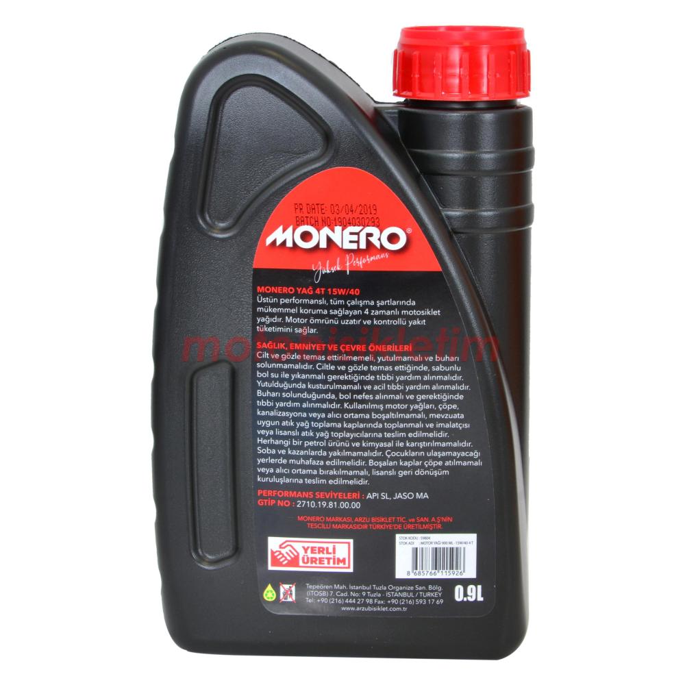 MONERO 15W*40 MOTOSİKLET YAĞI 4 ZAMANLI 900ML