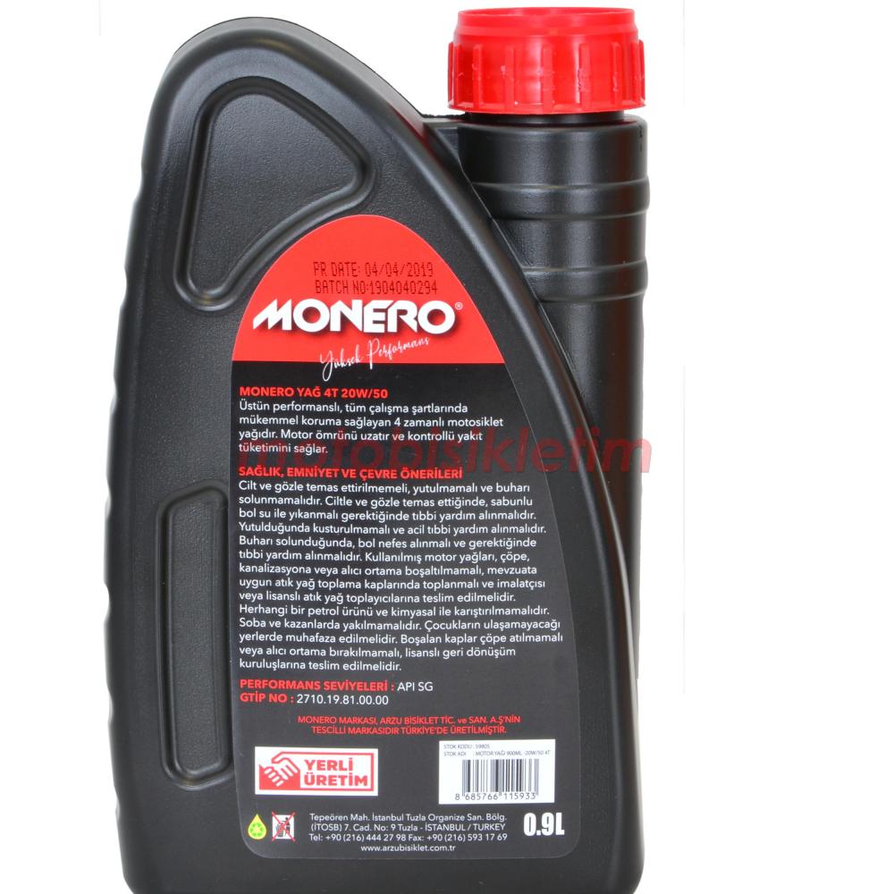 MONERO 20W*50 MOTOSİKLET YAĞI 4 ZAMANLI 900ML